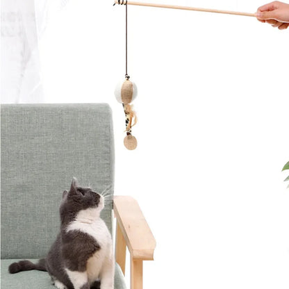 Feather Teaser Cat Wand with Bell & Chew Toy